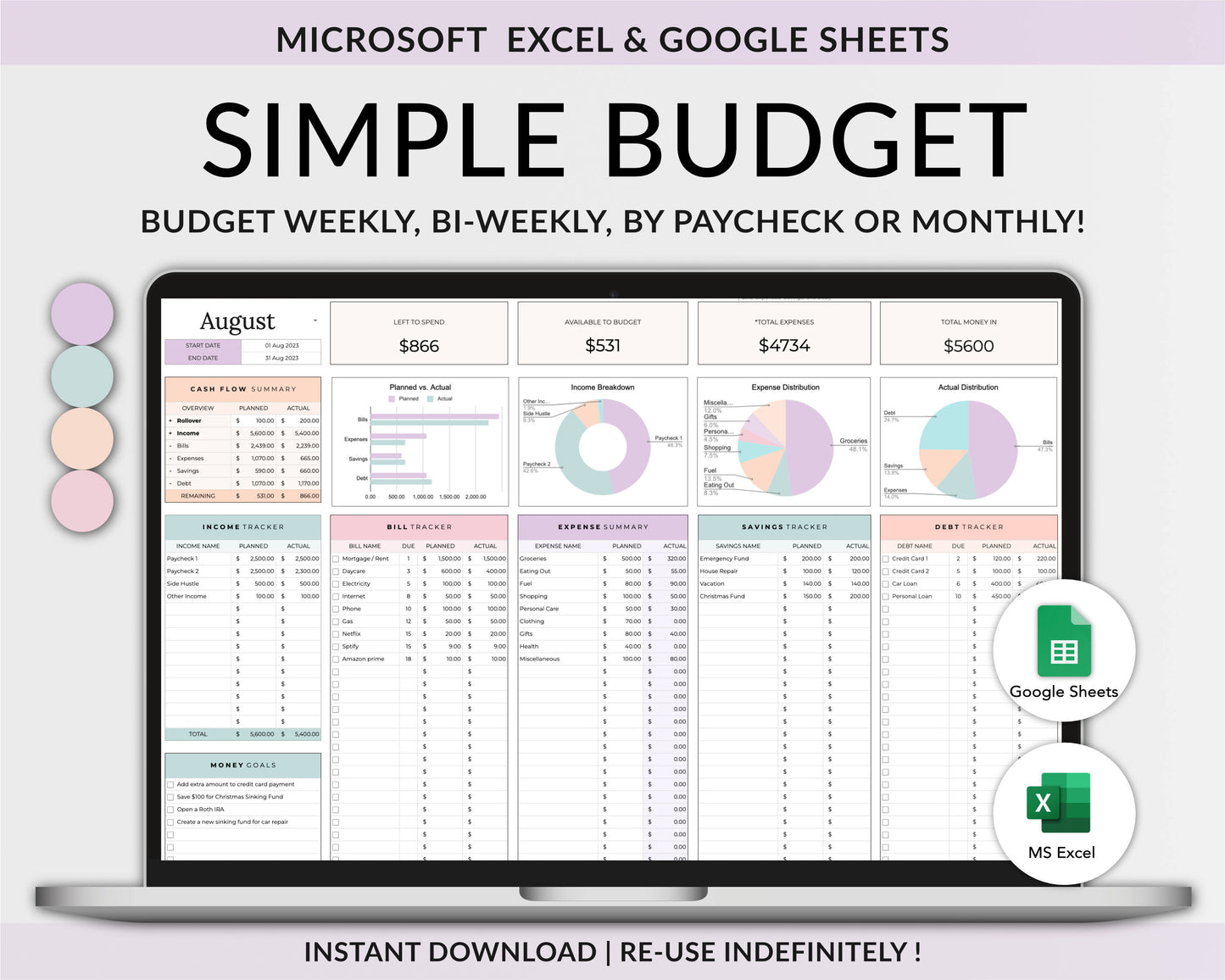 Simple Budget Spreadsheet - Easy to Use! Google Sheets & Excel Budget Spreadsheet