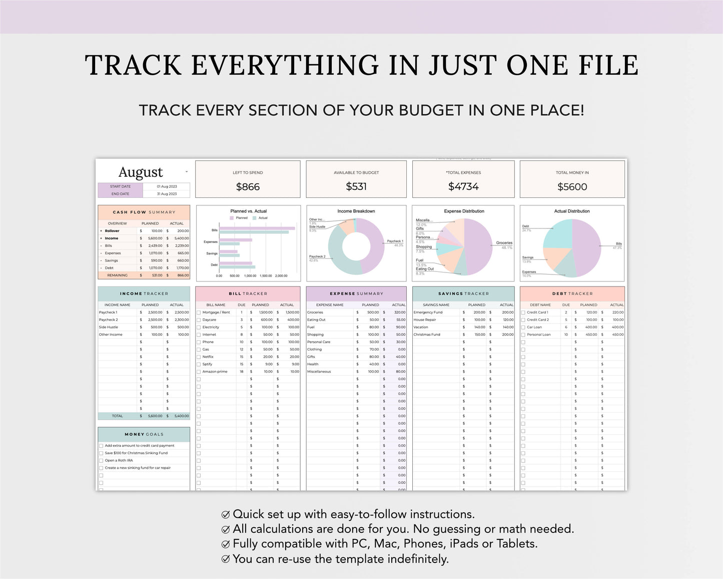 Simple Budget Spreadsheet - Easy to Use! Google Sheets & Excel Budget Spreadsheet