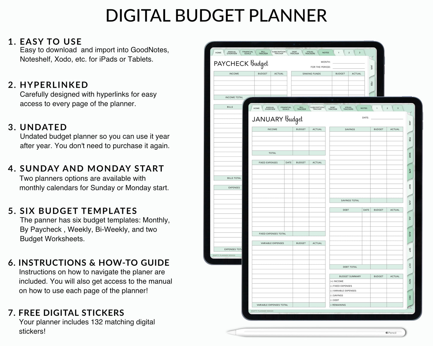 Digital Budget Planner for iPad and Tablets - Mint-Green