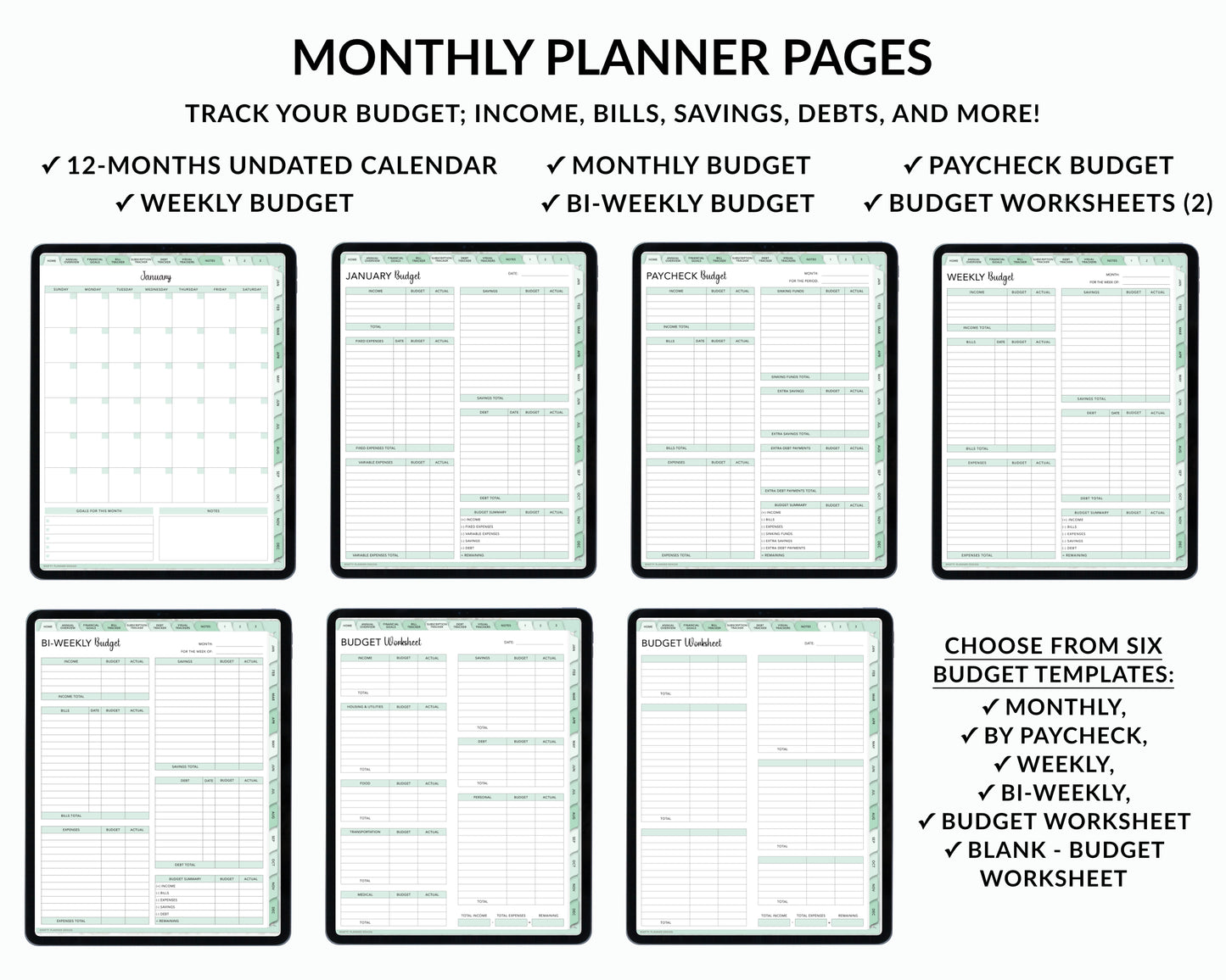 Digital Budget Planner for iPad and Tablets - Mint-Green