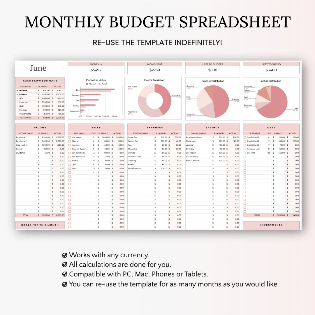 Monthly Budget Spreadsheet - Easy to Use Budget Spreadsheet for Google Sheets