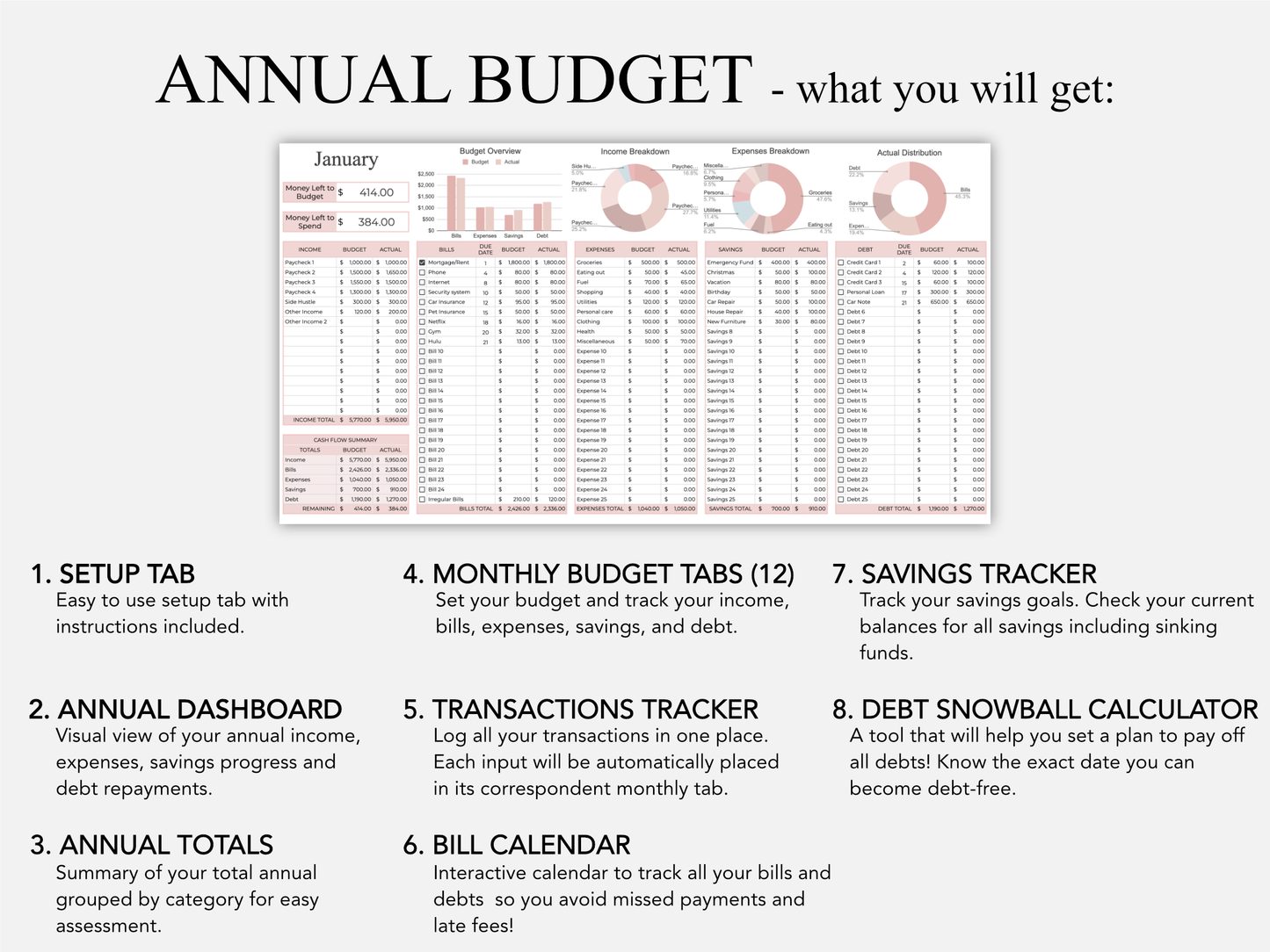 Ultimate Annual Budget Template - Organize and Track All Your Finances with this Easy to use Spreadsheet Finance Tracker