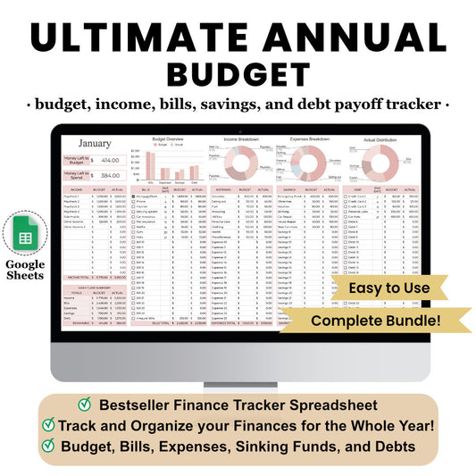 Ultimate Annual Budget Template - Organize and Track All Your Finances with this Easy to use Spreadsheet Finance Tracker