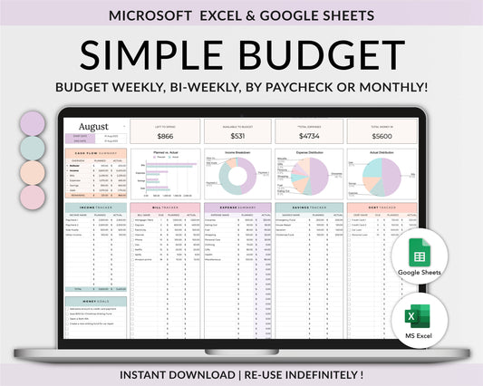 Simple Budget Spreadsheet  - Easy to Use! Google Sheets & Excel Budget Spreadsheet