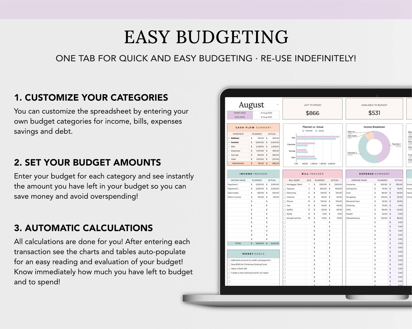 Simple Budget Spreadsheet  - Easy to Use! Google Sheets & Excel Budget Spreadsheet