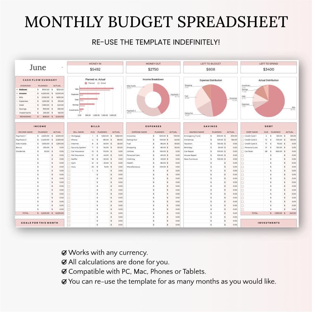 Monthly Budget Spreadsheet  - Easy to Use Budget Spreadsheet for Google Sheets